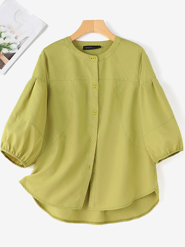 ZANZEA-blusa feminina com gola em O, camisa manga 3/4, tops femininos de trabalho, túnica casual, monocromática, botões para baixo, moda verão, 2022