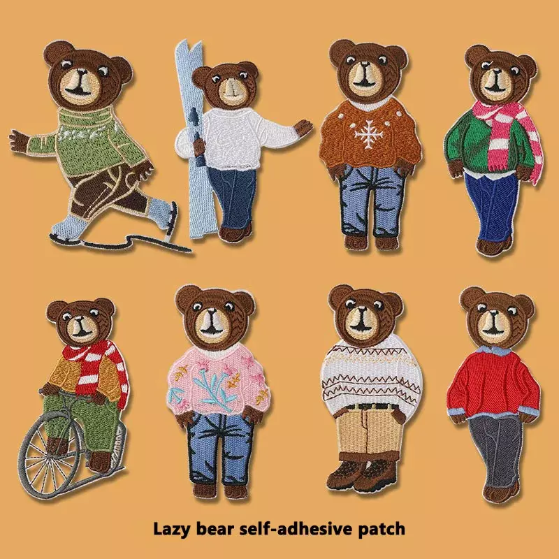 2024 heiß verkaufen Cartoon Stickerei Patches DIY faulen Bären Stoff Aufkleber selbst klebende Abzeichen Stoff Zubehör für Kleider tasche
