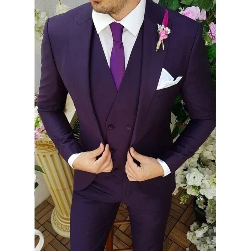 Traje de solapa de pico púrpura para hombre, esmoquin Masculino, chaqueta, pantalón y chaleco, 3 piezas