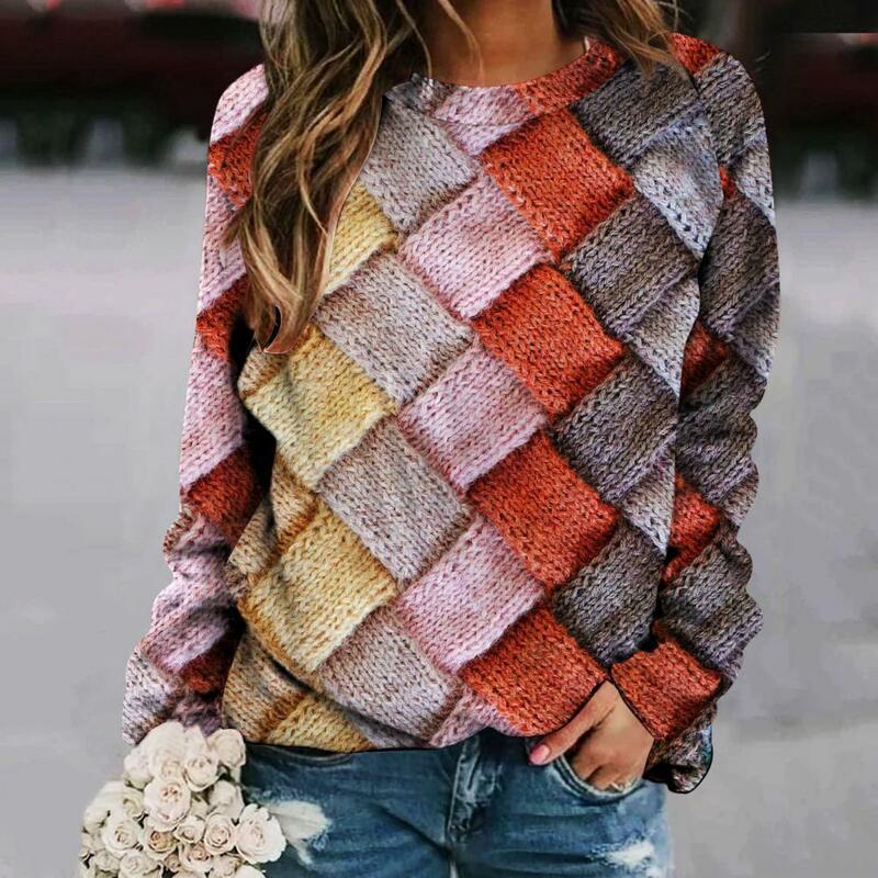 Wiosenne koszulki damska Retro nowatorska kolorowa nadrukowane okrągłe szyja długi raglanowe rękawy luźny pulower casualowy damski t-shirt