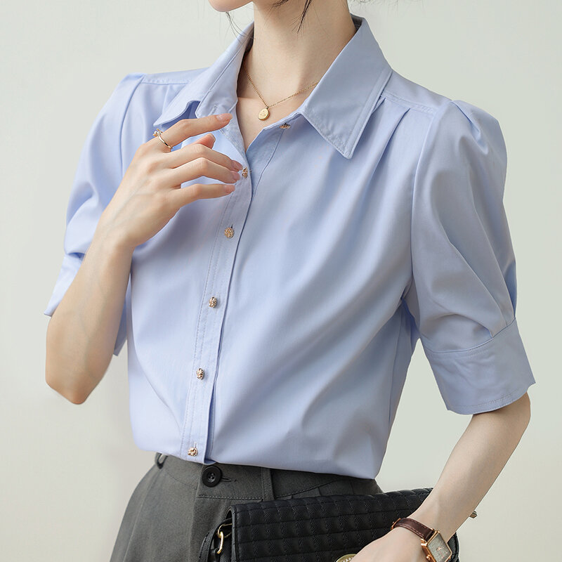 QOERLIN donna estate pendolare manica corta camicie bianche ufficio donna monopetto colletto rovesciato camicetta formale top eleganti