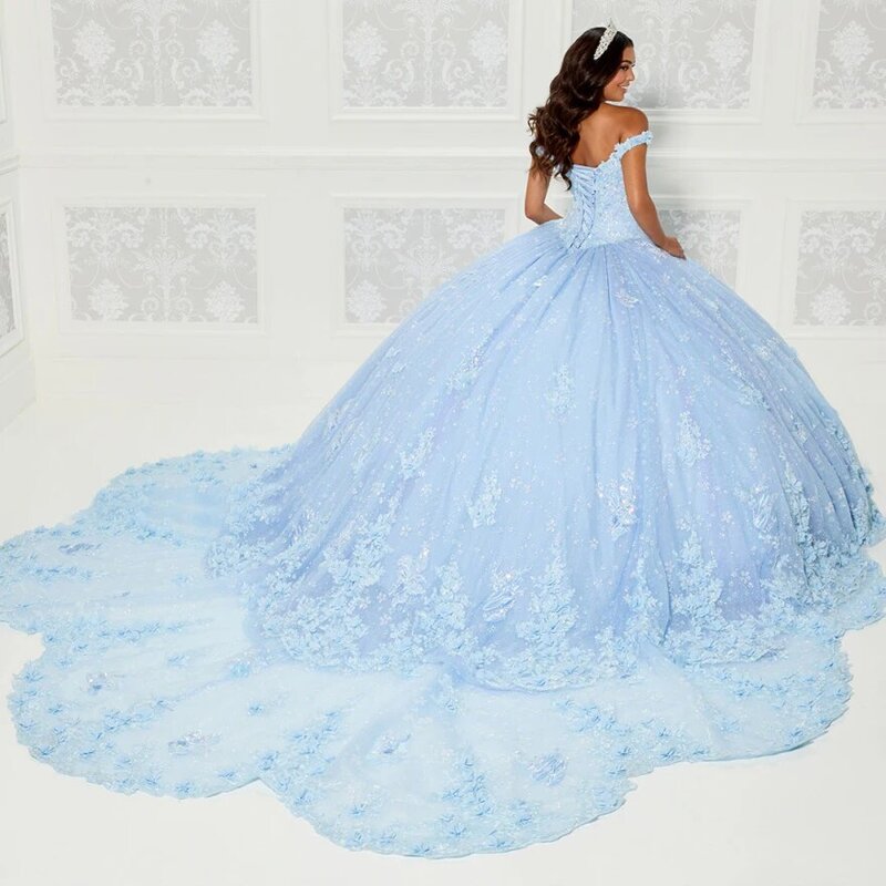 Lorencia Blue Quinceanera Dress Off spalla Appliques pizzo floreale perline abito da ballo corsetto dolce 16 Vestidos De 15 asenos YQD561