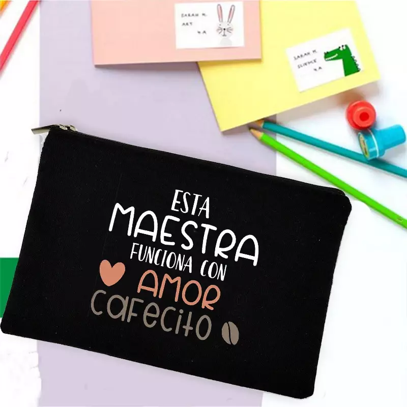 Tas Penyimpanan Perlengkapan Alat Tulis Sekolah Cetak Spanyol Guru Pelangi Kantung Cuci Perjalanan Tas Makeup Hadiah Kotak Pensil Guru