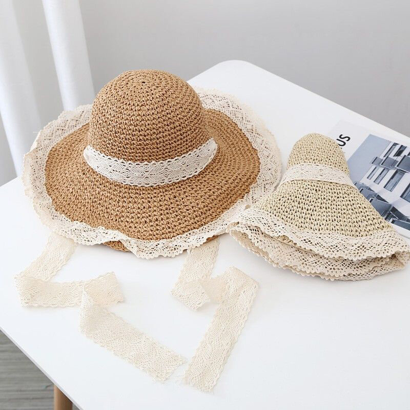 Topi musim panas wanita, topi jerami pantai tepi lebar besar dapat dilipat, topi perlindungan UV liburan modis