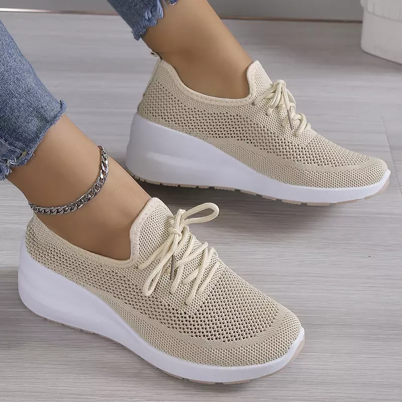 2024 Spring Breathable Wedge Sneakers Women Mesh Knitted Platform Sports Shoes Woman Casual Non-Slip Lace Up Tennis Shoes Ladies