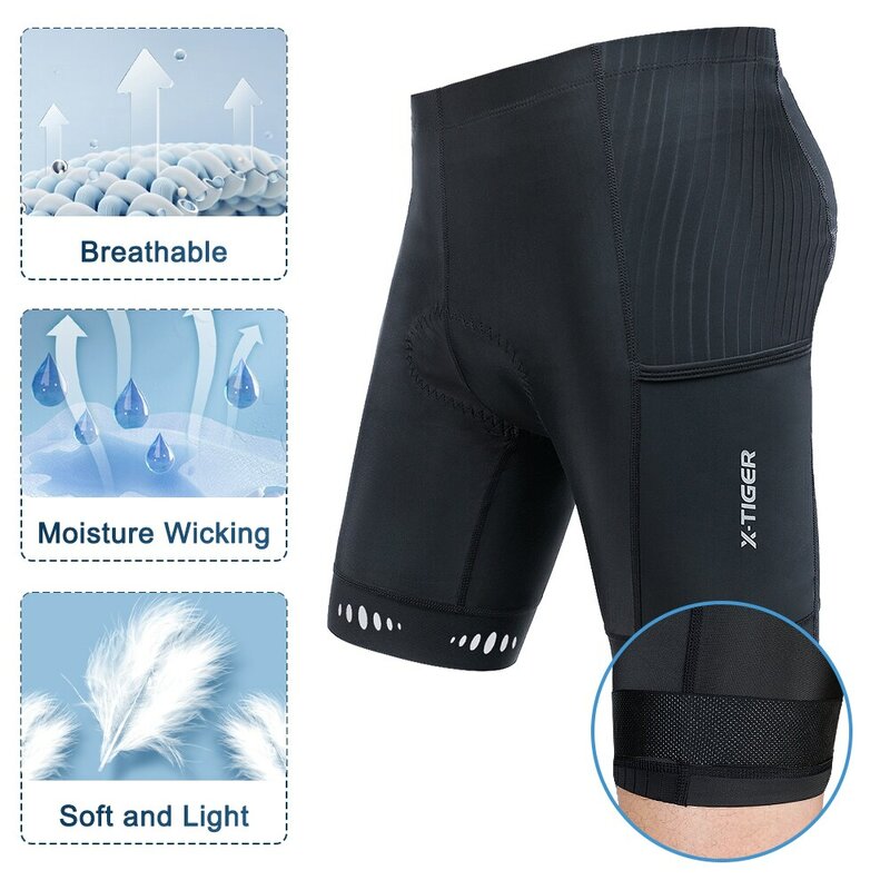 Pantalones cortos de ciclismo para hombre, X-TIGER con bolsillo trasero, acolchado de Gel 5D, medias para ciclismo de montaña y carretera