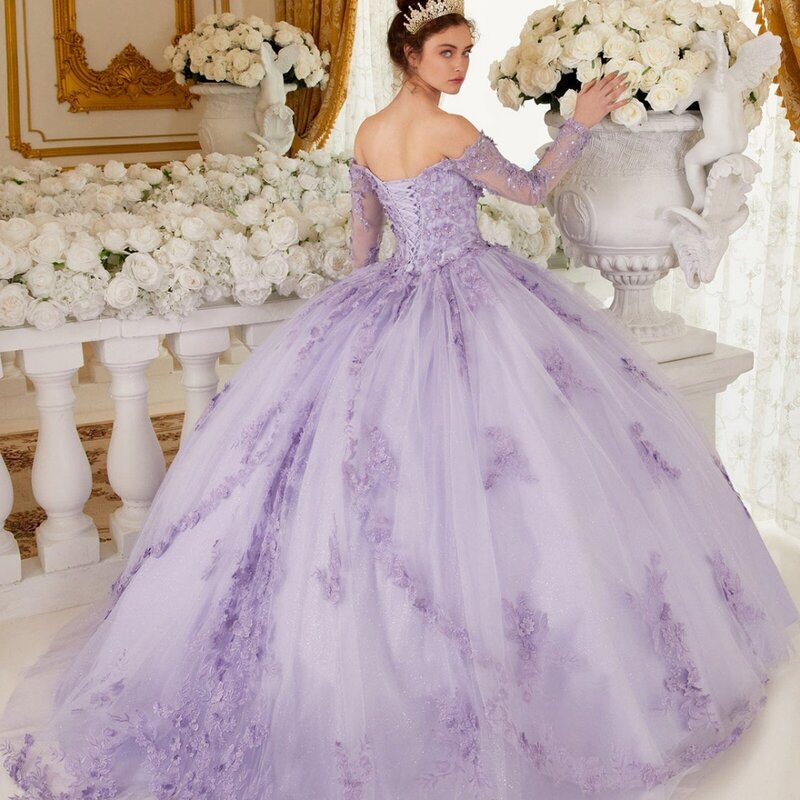 Glitter Purple Quinceanrra Prom Dresses, Clássico Lace Appliques Princesa Vestido Longo, Lindo Elegante Doce 16 Vestido