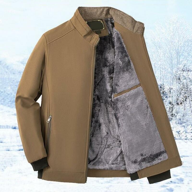Men Coat Thermal Windproof Mid-aged Men's Coat with Plush Collar Cold Resistant Zip Up Cardigan for Fall Winter Men Zipper Coat