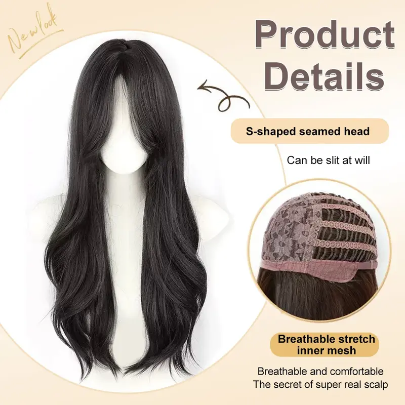 ALXNAN, длинные волнистые синтетические парики для женщин, натуральные черные парики с челкой, ежедневный косплей, вечерние, термостойкие искусственные волосы