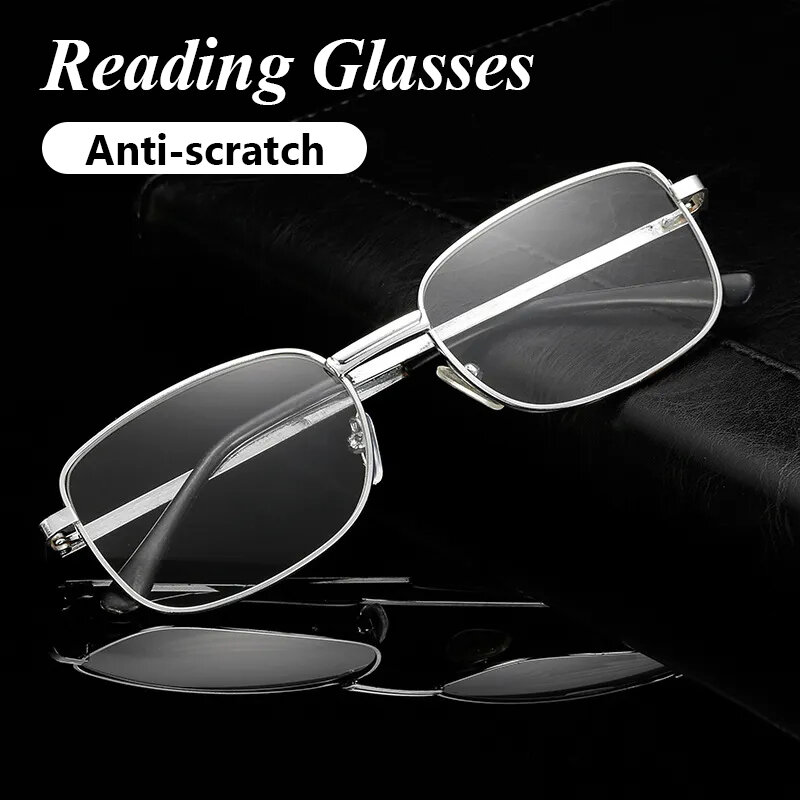 Anti-scratch óculos de leitura para homens Square Metal Frame lentes de vidro Retro Presbyopic Óculos Mens Óculos + 1.0 Para + 4.0 Gafas