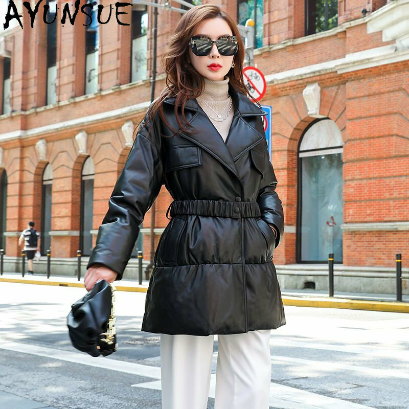 AYUNSUE 여성용 진짜 양가죽 다운 재킷, 2023 가죽 코트, 캐주얼 중간 길이 따뜻한 다운 코트, 겨울