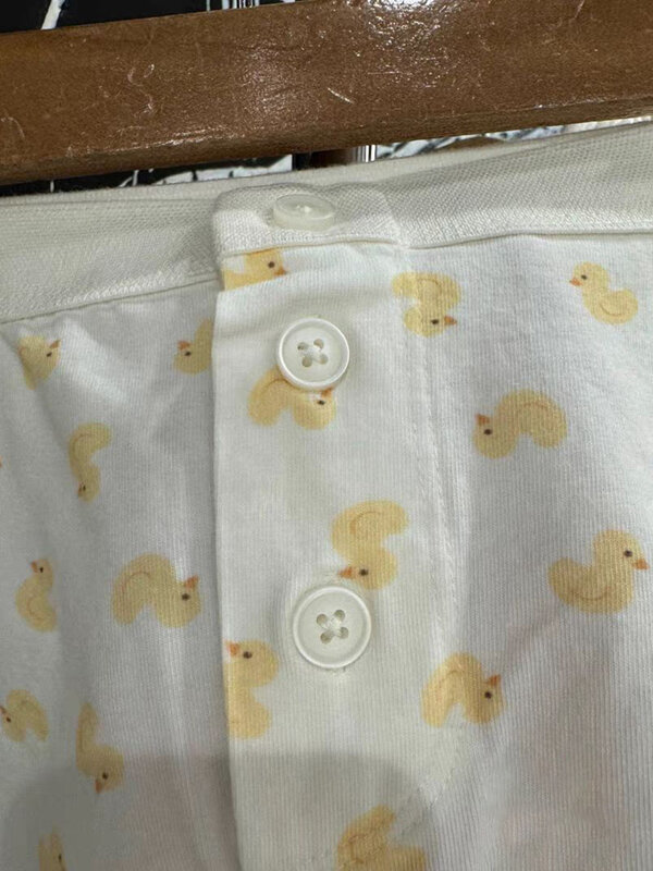 Shorts de algodão feminino de pato amarelo pequeno, botões de cintura alta patchwork, moletom fino, calça curta casual vintage, verão