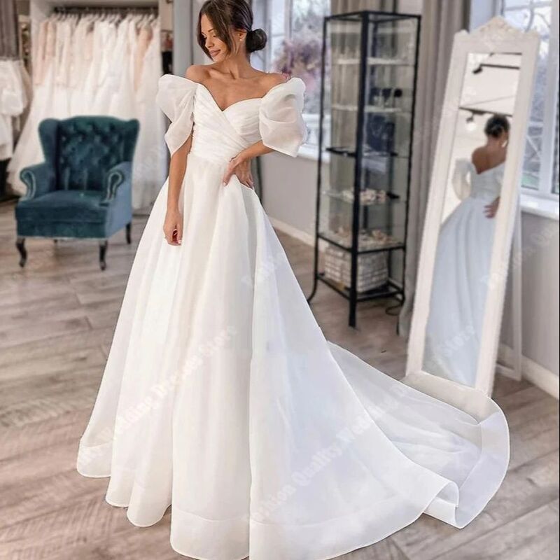 Gaun pengantin, gaya sederhana bersinar, gaun pengantin Backless untuk pesta Formal terbaru dari bahu mengepel lantai