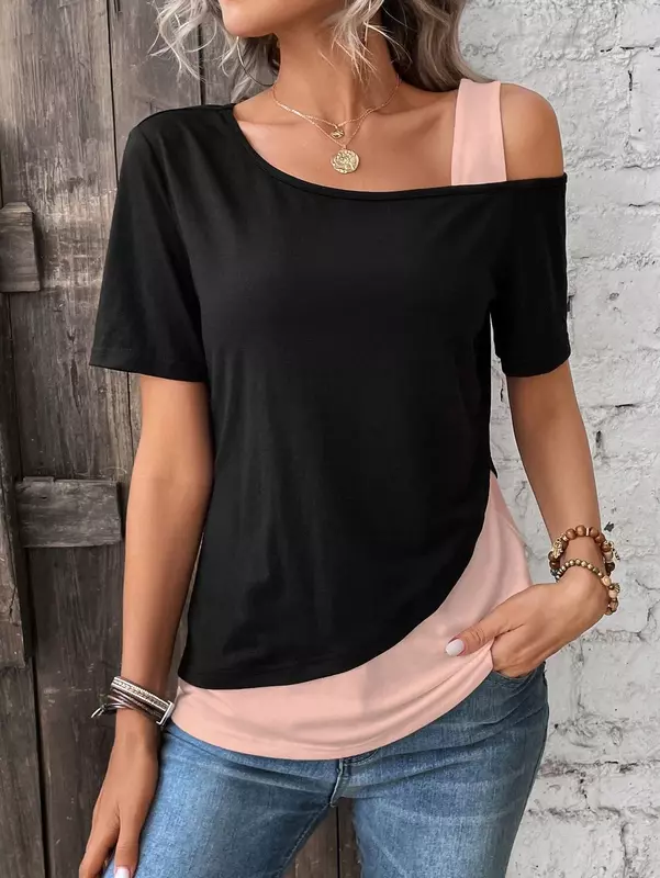 Chic Color Blocking Short Sleeved Women Solid Color Off Shoulder Asymmetric T-Shirt Female Summer Casual Tops