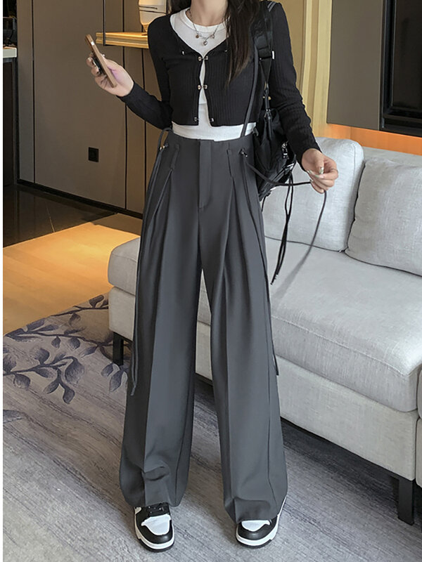 Женские Костюмные брюки, новинка 2023, облегающие черные, коричневые, серые брюки с широкими штанинами и тонкими лямками