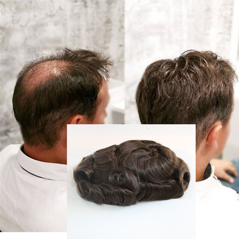 Hiasan rambut manusia Pria, rambut palsu alami 4 warna, kulit tipis pria, sistem pengganti rambut palsu pria