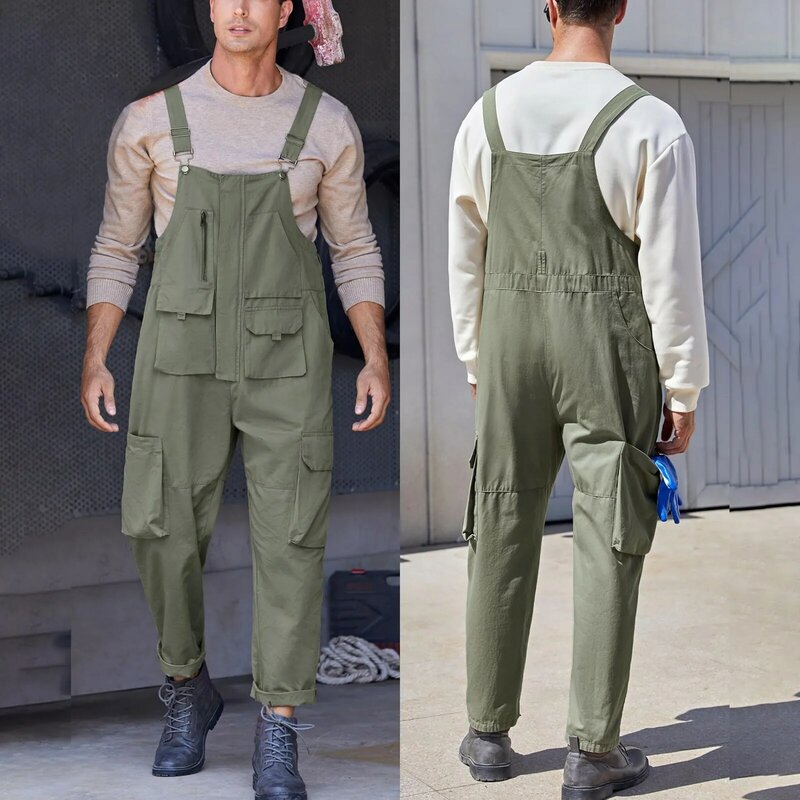 Men Clothing 2024 New Loose Bib Overalls Trousers Mens Solid Color Cargo Work Pants Functional Multiple Pockets Coveralls Pants