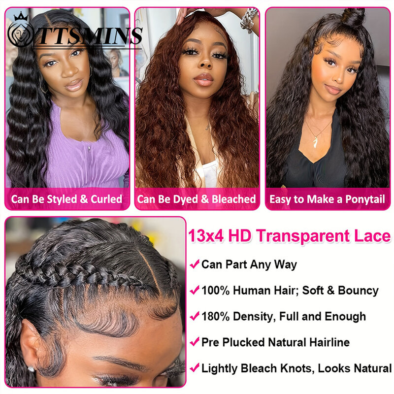 34inch Water Wave Lace Front Wigs Human Hair For Women 180% Curly 13x4 HD Lace Frontal Wigs Human Hair Brazilian Wet And Wavy