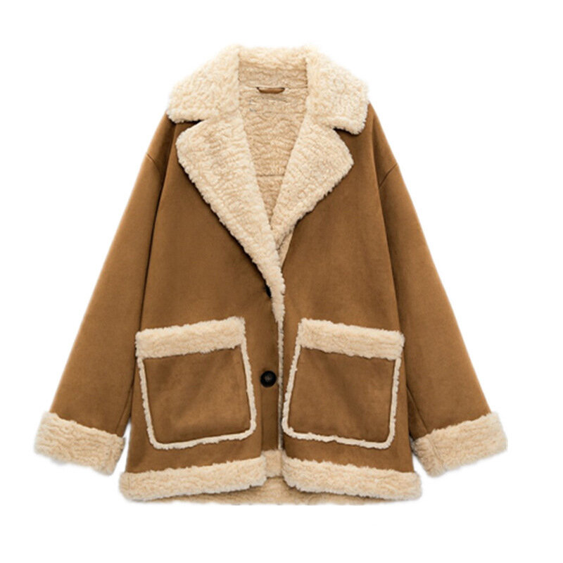 Jaqueta de pele sintética quente feminina, casaco de lã de cordeiro feminino, lapela grossa de locomotiva, outwear chique feminino, outono, inverno, 2023