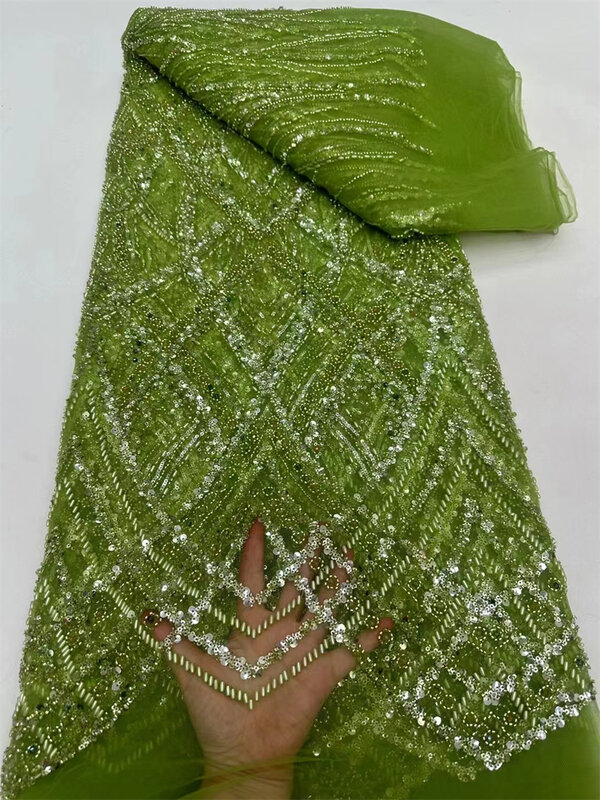 Tecido de renda 3D com lantejoulas bordadas, tecido nigeriano africano para costura, tule frisado à mão, Dubai, luxo, 5 jardas