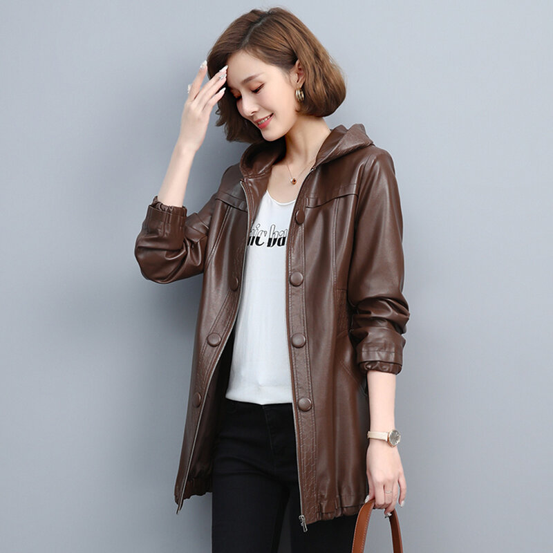 New Women Hooded Leather Coat Spring Autumn Casual Fashion Plus Cotton Lining Loose Sheepskin Outerwear Mother Jacket Female