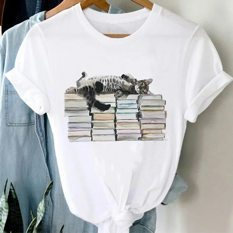 T Shirt Wtercolor Cat Kawaii Women Clothes Letter Printed T-shirt Summer Fun Casual Comfortable Round Neck Top Women Girls Gift