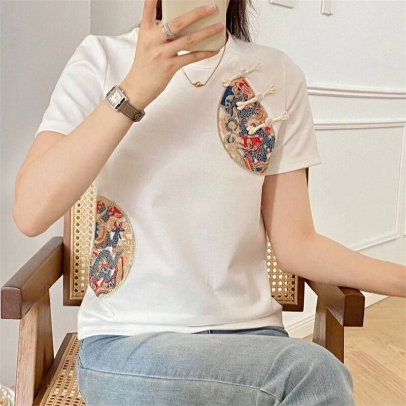 Camiseta de manga corta con bordado de flores para mujer, ropa informal, elegante