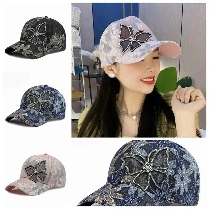 Rhinestone Lace Embroidery Hat Ventilate Netting Cap Flower Rhinestones Sun Protection Bow Cap with Butterfly Beach Hat