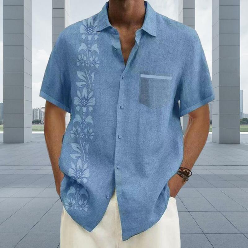 Z nadrukiem koszula męska kwiatowy nadruk męski koszula z klapą luźny krój Streetwear z naszyta kieszeń jednorzędowym krótkim rękawem na lato
