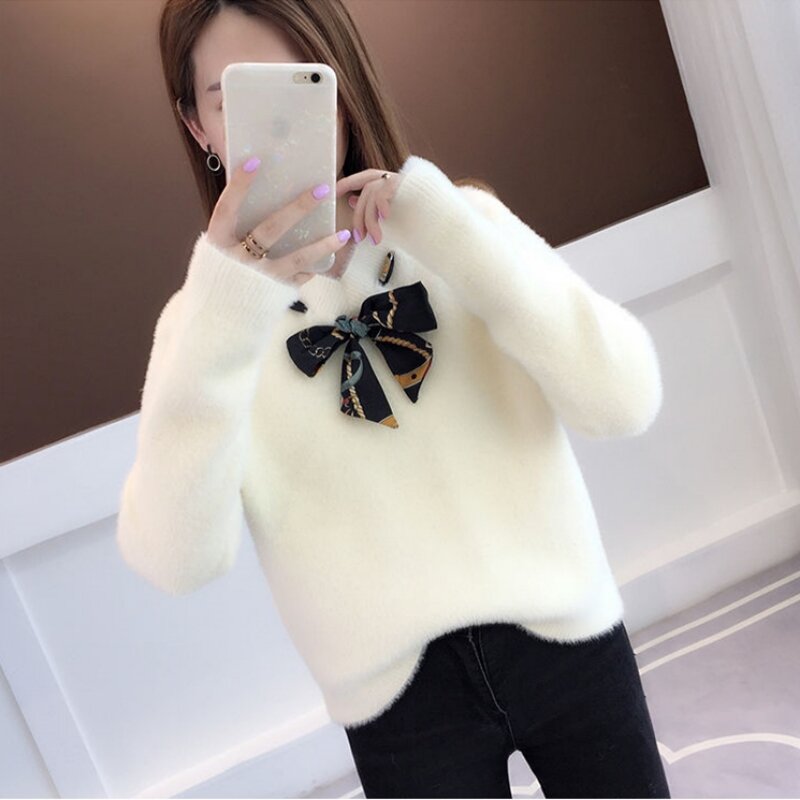 2023 New Winter Women's Sweater Imitate Mink Wool Elastic Casual Sweaters Knitted Tops Pullovers Jumper Soft Warm Pull Femme