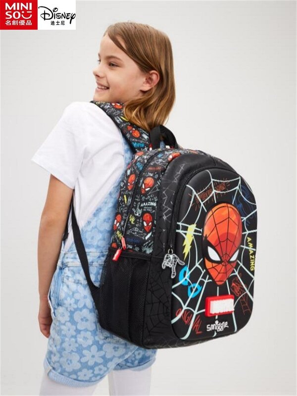 MINISO mochila escolar Spider-Man de gran capacidad, morral de sirena de dibujos animados, para estudiantes de escuela primaria y secundaria