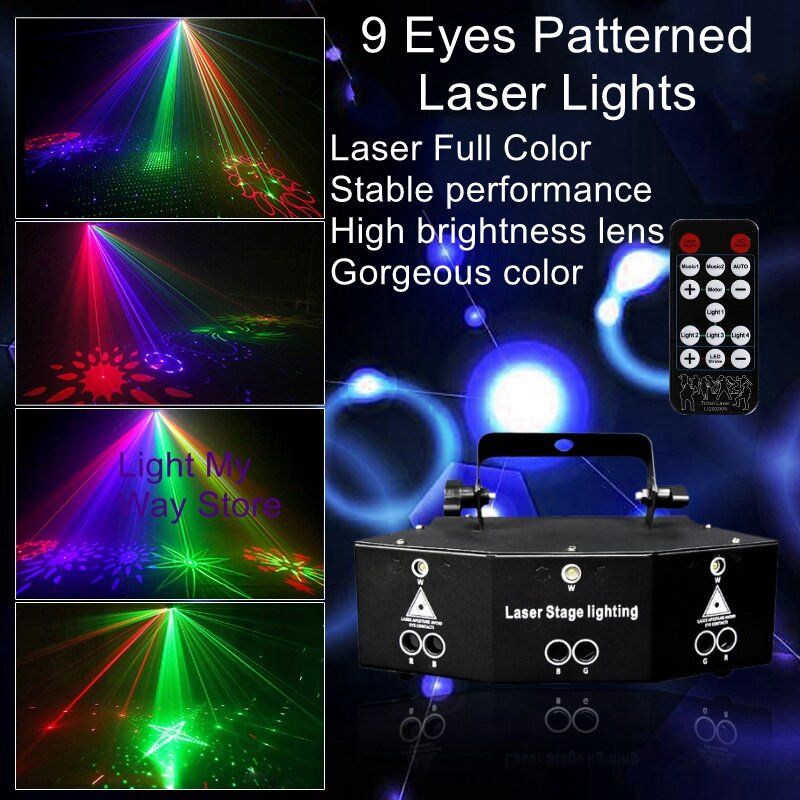 Barra de luces láser de nueve ojos para escenario, flash ktv, bungee giratorio colorido, luces de Ambiente de estrella de Navidad