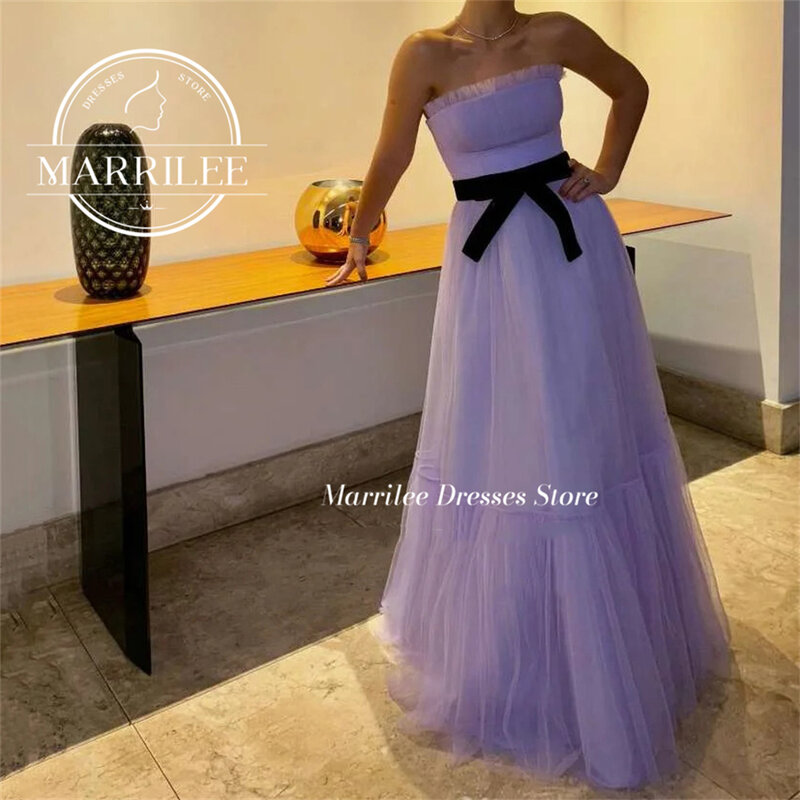 マリリー-紫色のストラップレスイブニングドレス、大きな弓、プリーツA-ラインドレス、床の長さ、プリーツ、チュール、エレガント、パーティー、プロム、プリンセス