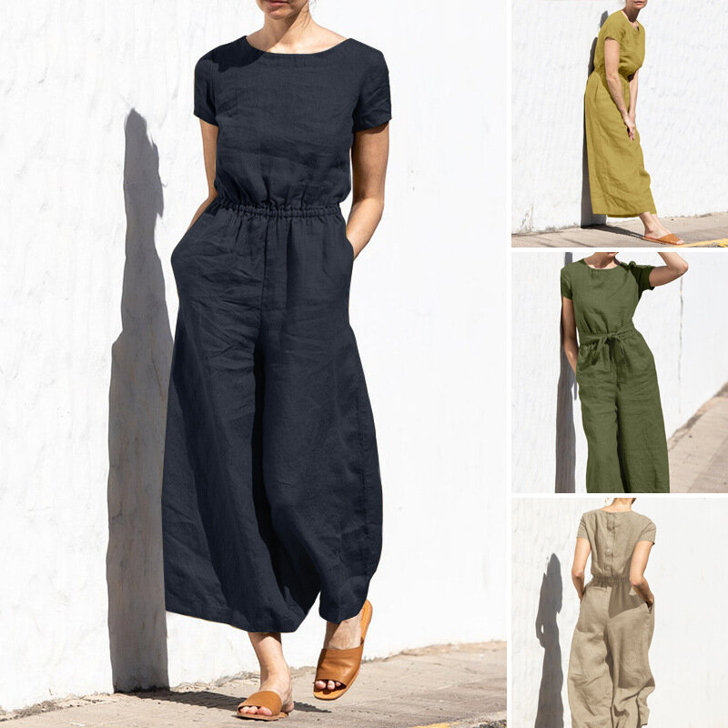 Vintage Solid Color Short Sleeves Jumpsuits Women Spring Summer New Fashion Casual Loose Simple Style Ladies Jumpsuit Streetwear
