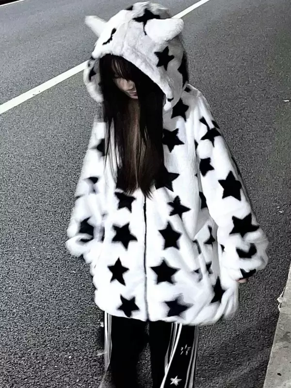 Deeptown-Casaco feminino de lã de cordeiro estrela vintage, Harajuku Kpop, casacos com zíper extragrandes, casaco coreano bonito com capuz grosso, streetwear, Y2K