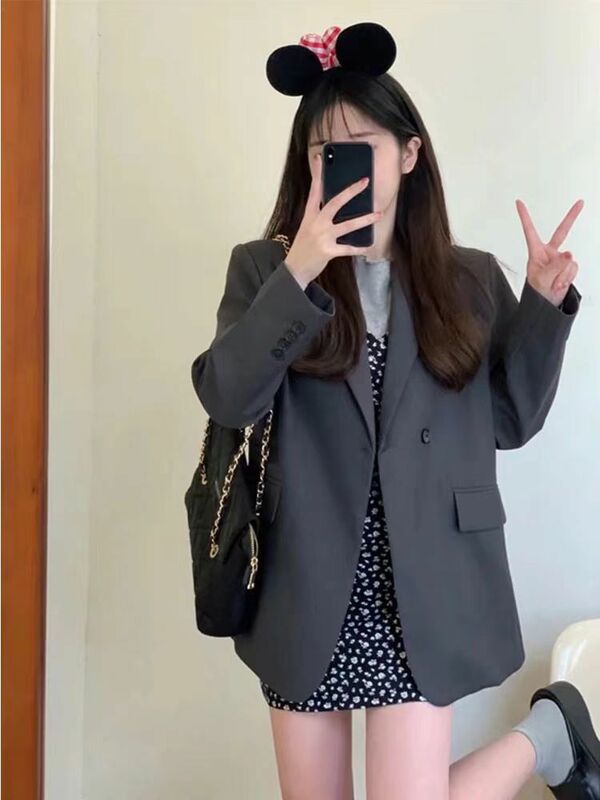 Lente Herfst Hogere Kwaliteit Grijze Blazer Vrouwen Koreaanse Mode Pak Oversized Cropped Jasje Kantoor Dames Kleding Bovenkleding