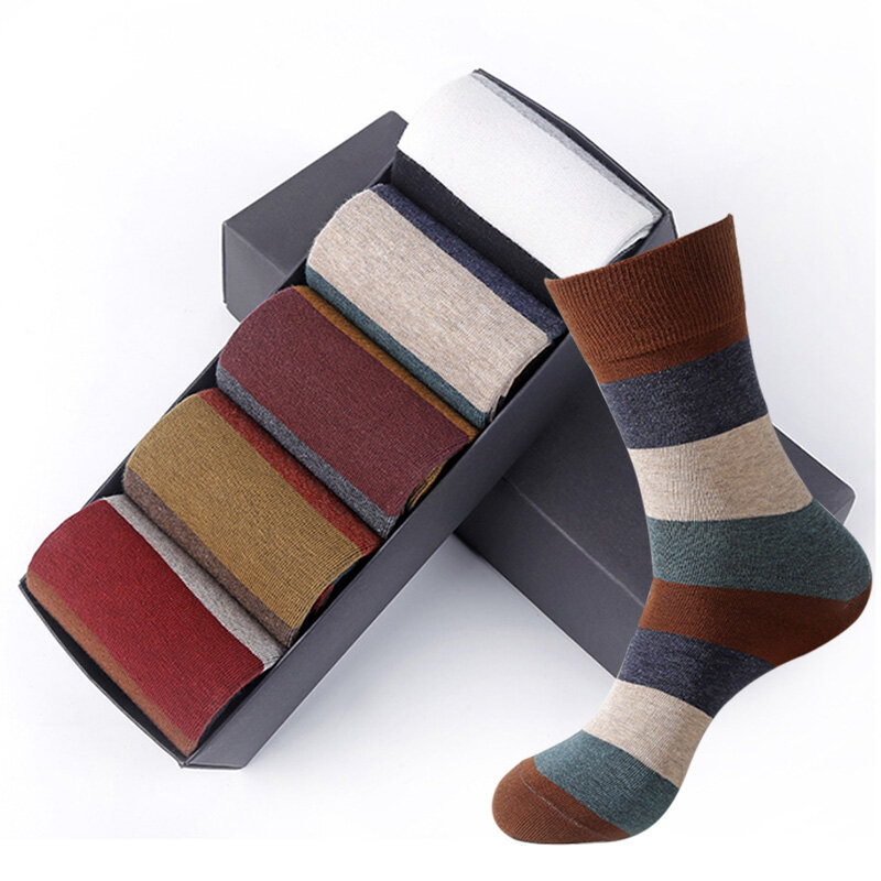 5 Pairs of Men's High Quality Warm Cotton Socks Fashion Thickened Striped Socks Autumn and Winter Plus Size 39-45 Casual Socks