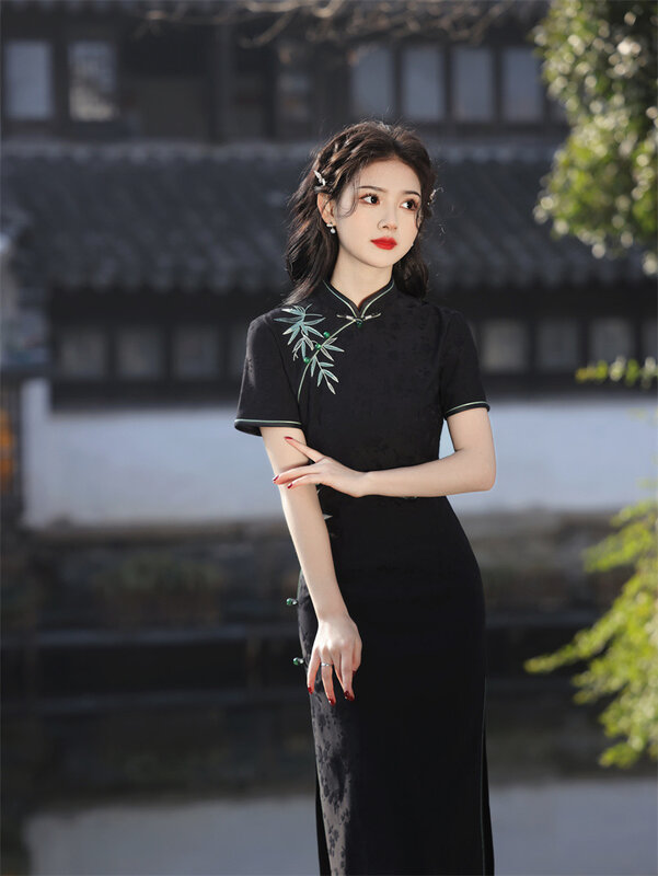 Qipao gaun pesta malam gaya Tiongkok baru Qipao terpisah ramping seksi pakaian harian anak perempuan Cheongsam panjang bordir elegan wanita