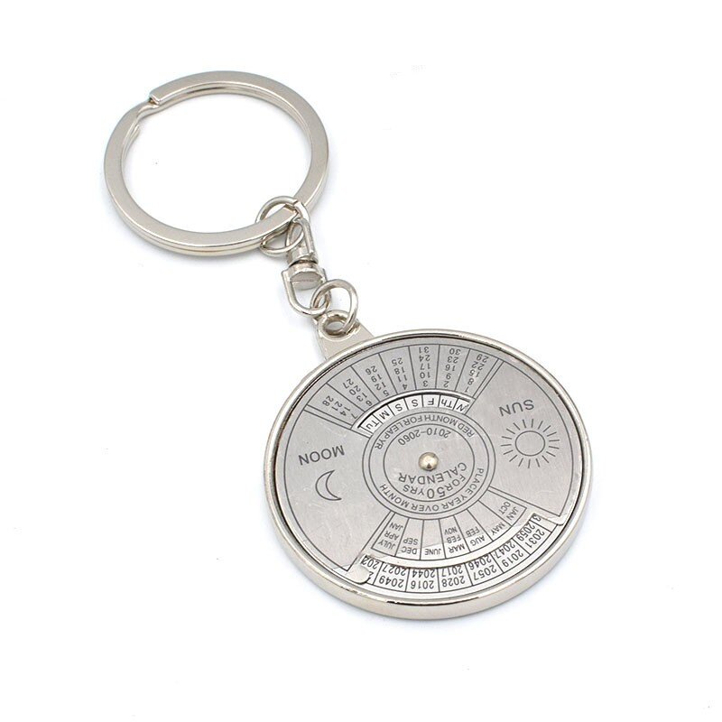 Gantungan kunci liontin logam untuk pria wanita, gantungan kunci kalender abadi 50 tahun, liontin logam paduan seng, gantungan kunci kompas Inggris, 2010 hingga 2060