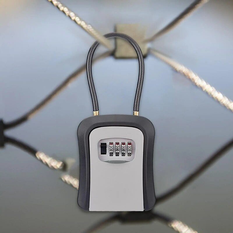 Caja de Seguridad con cerradura de llave con combinación de 4 dígitos, cadena extraíble, portátil, resistente a la intemperie para llaves de casa, llaves de coche resistentes