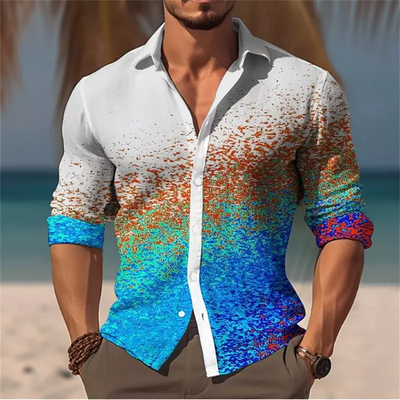 Мужская футболка на пуговицах, белая мягкая и удобная рубашка с прозрачным геометрическим принтом и цветами, лето 2023