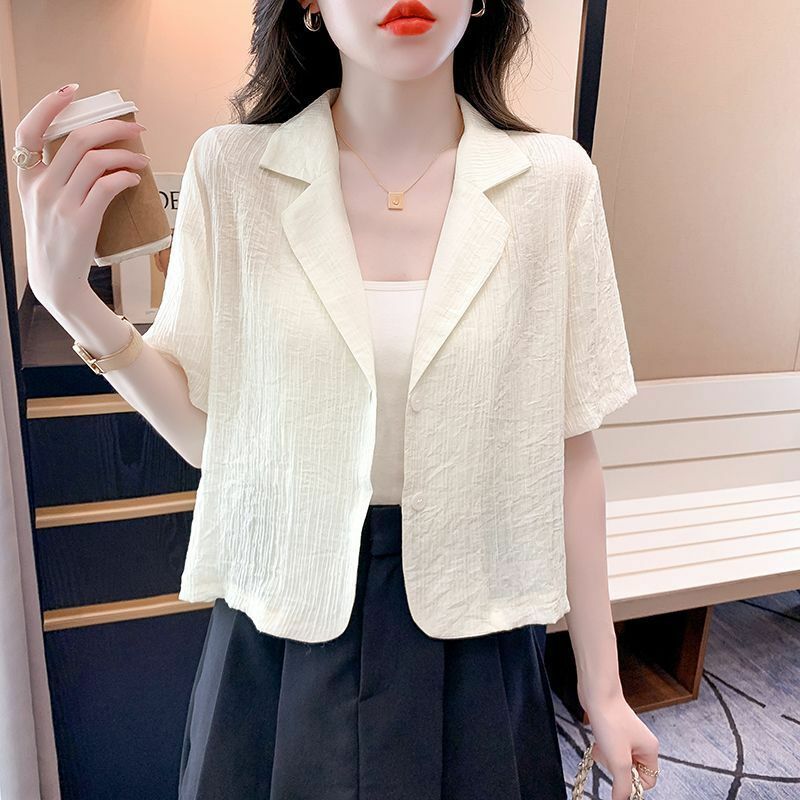 2024 Summer Elegant and High End, Simple Commuting and Leisure Versatile Solid Color Hollow Pit Stripe Short Sleeved Suit Coat