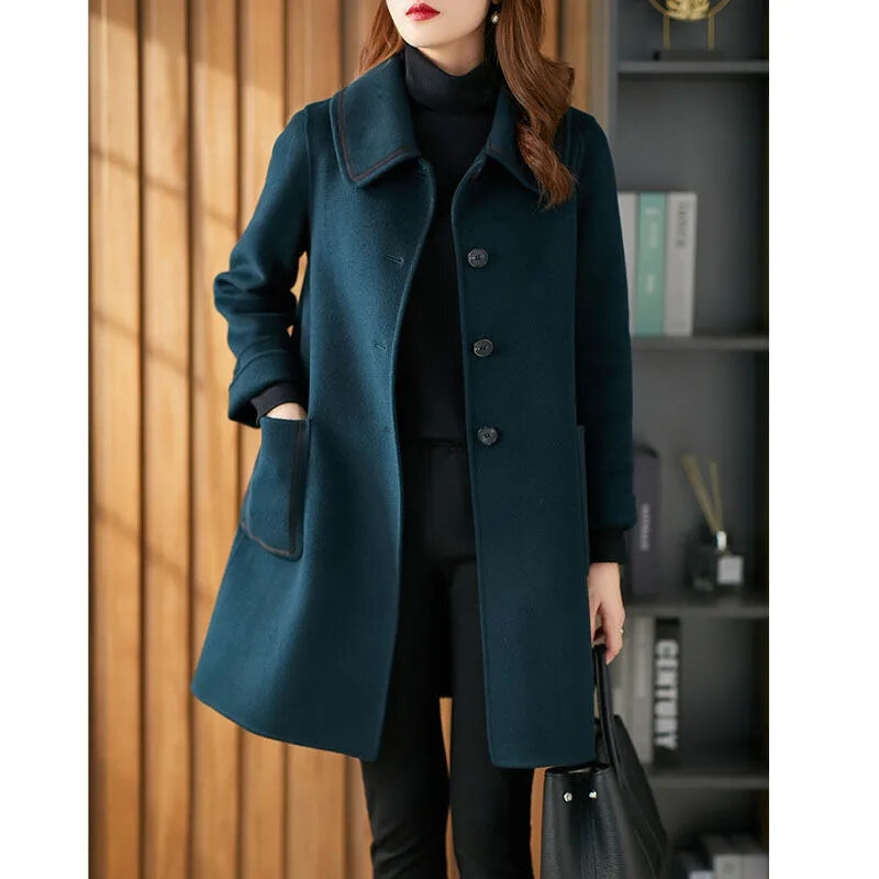 Женское шерстяное пальто средней и большой длины, с длинным рукавом