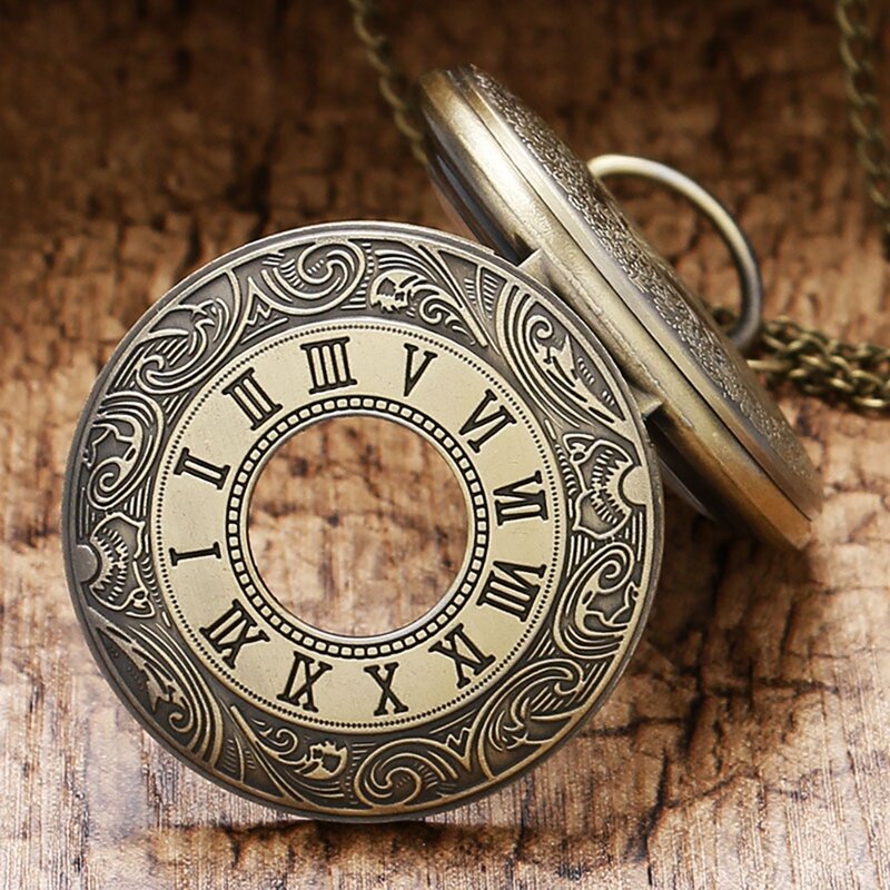 Часы мужские кварцевые карманные в ретро стиле, бронзовые с подвесками в римском стиле, с цепочкой на ожерелье, подарок для отдыха