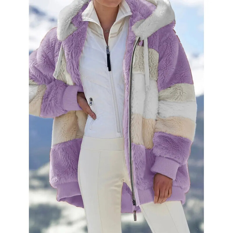 Inverno oversize moda peluche signora Patchwork tasca con cerniera giacca con cappuccio retrò sciolto manica lunga cappotto da donna