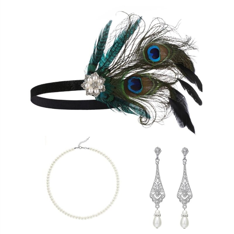 Vintage Flapper Costume 1920s Women Great-Gatsby Headdress Satin Gloves Earrings Necklace Prom Party Accessories Set
