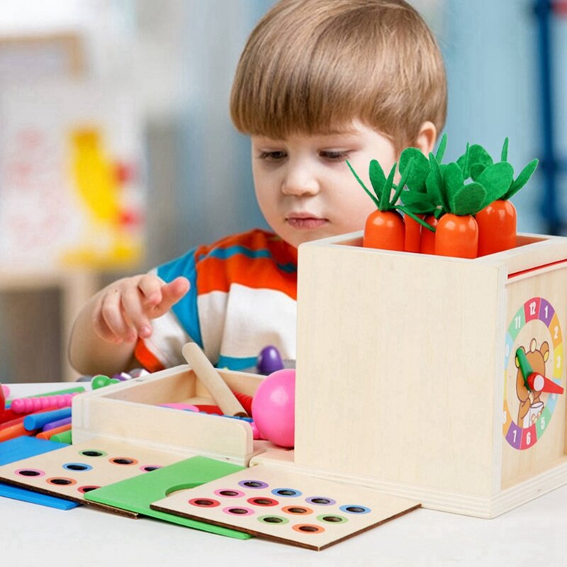 6-In-1 Wooden Montessori Toy Kit Object Permanence Box Play Set With Coin Box Carrot Harvest Shape Sorter Ball Drop Toy Durable
