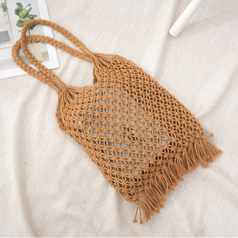 Однотонная Ретро сумка через плечо с кисточкой, Высококачественная плетеная ажурная сумка, пляжная сумка