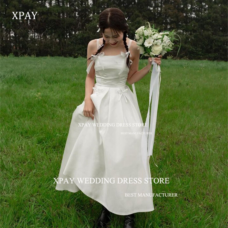 XPAY-أشرطة التفتا عارية الذراعين ، فستان زفاف مصنوع خصيصًا ، حمالات سباغيتي ، فساتين زفاف كورية ، تصوير حفل زفاف