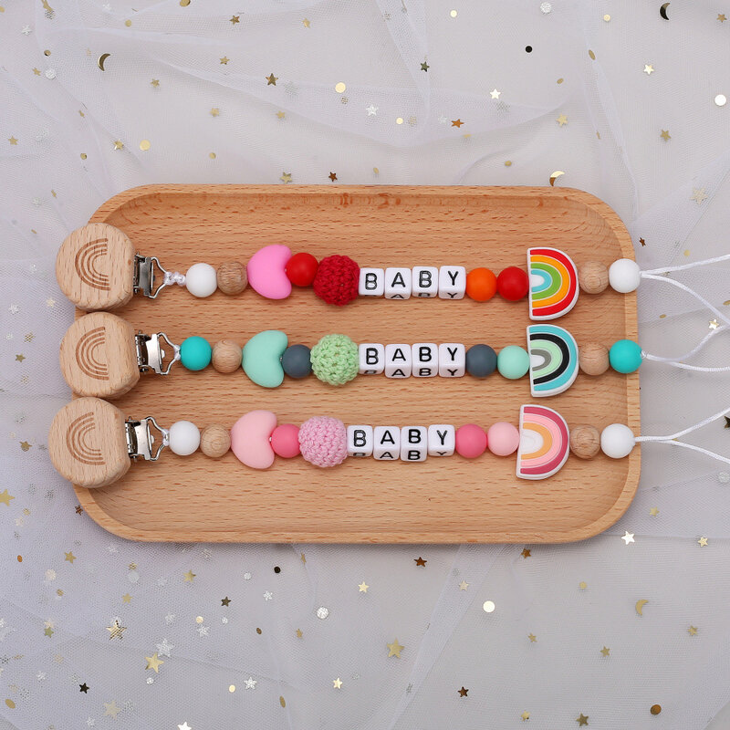 Chupetas do silicone do bebê com nome personalizado, bpa livre, cor do arco-íris, porta-chupeta, dentição acessórios do brinquedo